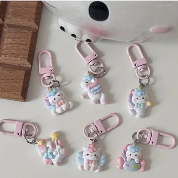 SIX Piece Cute Cartoon Kitty Unicorn Keyring Keychain Handbag Purse Charm Set - Picture 1 of 4
